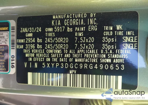 2024 Kia Telluride Ex X-Line z USA, uszkodzony, nr VIN 5XYP3DGC9RG490653